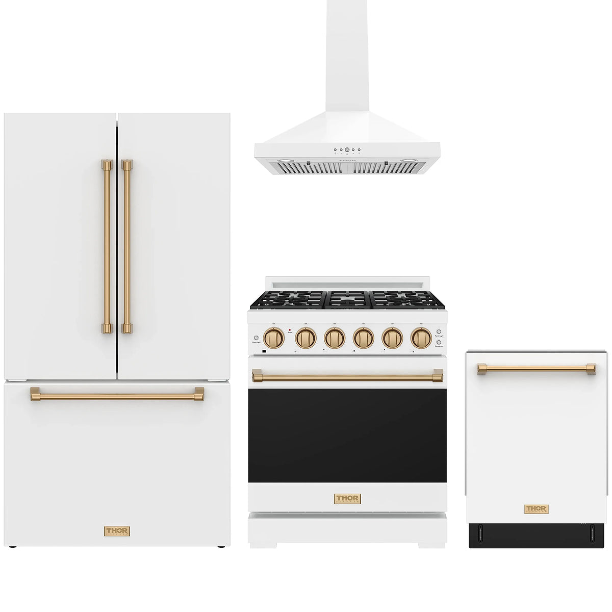 White Gordon Ramsay by Thor Kitchen appliance package with 30-inch propane range, wall mount range hood, French door refrigerator, dishwasher