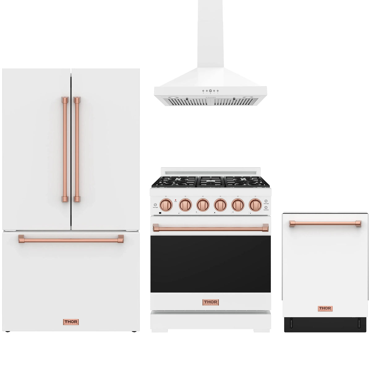 White Gordon Ramsay by Thor Kitchen appliance package with 30-inch propane range, wall mount range hood, French door refrigerator, dishwasher