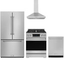 Stainless steel Thor Kitchen appliance package with 30-inch range, range hood, counter-depth refrigerator, dishwasher