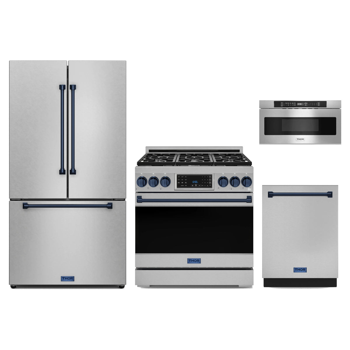 Gordon Ramsay by Thor Kitchen 4-Piece Appliance Package - 36-Inch Natural Gas Range with Tilt Panel, Counter-Depth Refrigerator, Dishwasher, & Microwave Drawer in Stainless Steel with Blue Trim