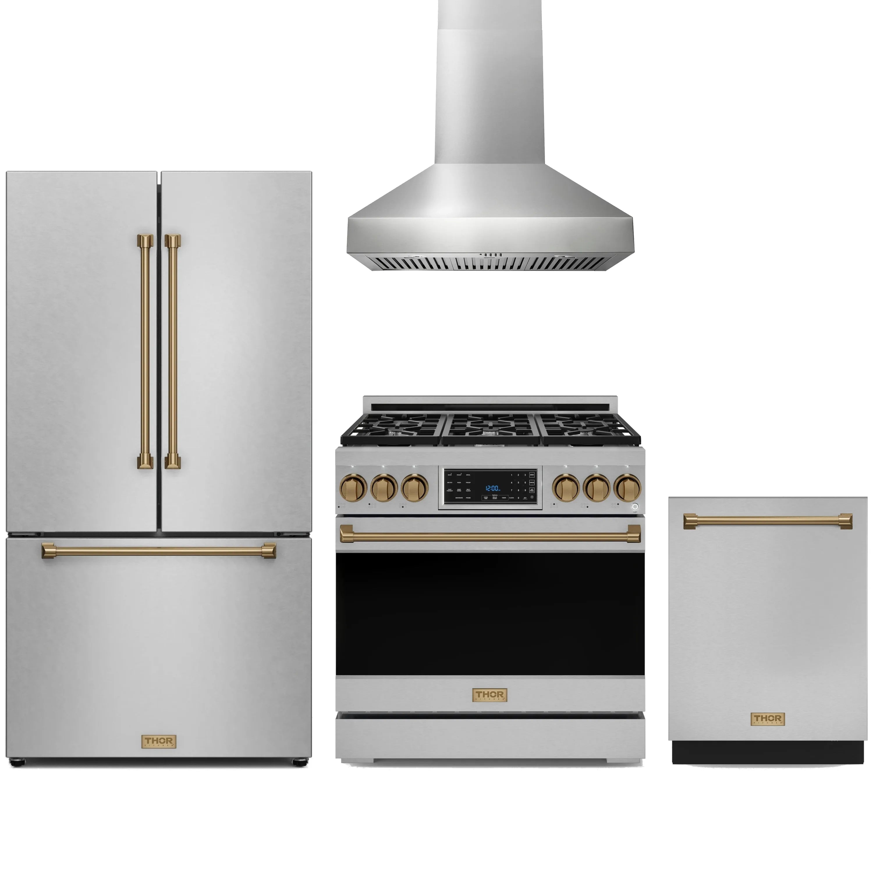 Stainless appliance package with propane range, wall hood, counter-depth refrigerator, and dishwasher