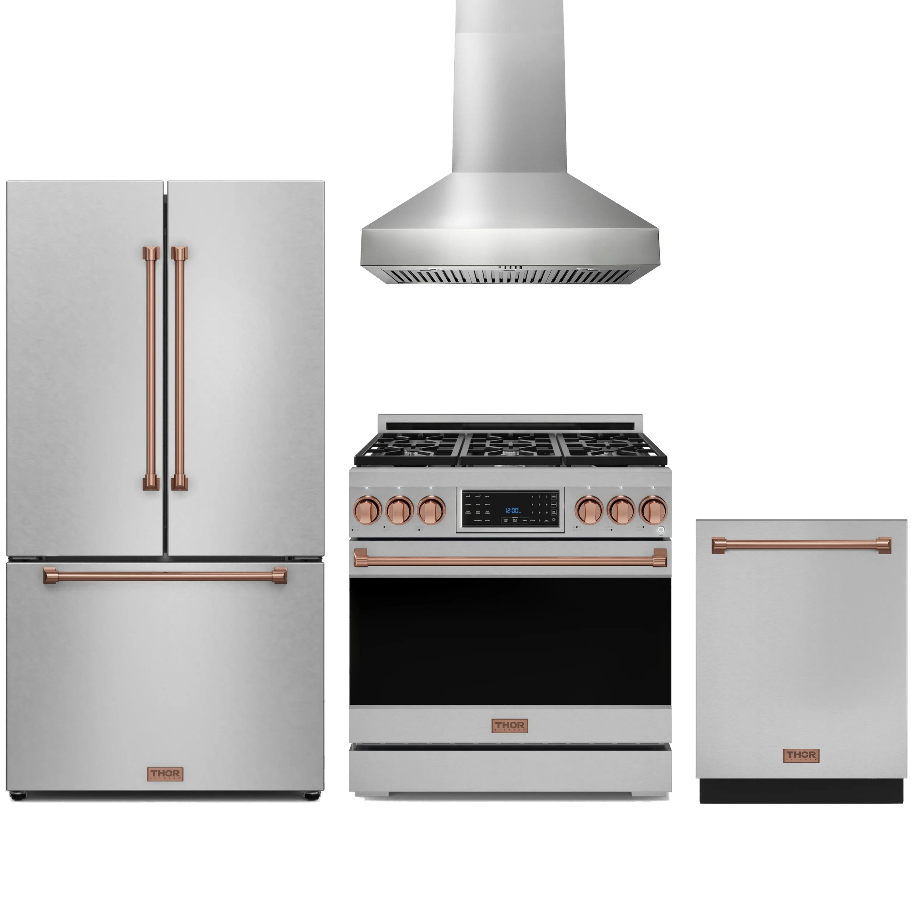 Stainless steel appliance package: gas range, refrigerator, wall hood and dishwasher, rose gold trim