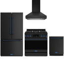 Black Thor Kitchen appliance package with 36-inch range, range hood, counter-depth refrigerator, dishwasher
