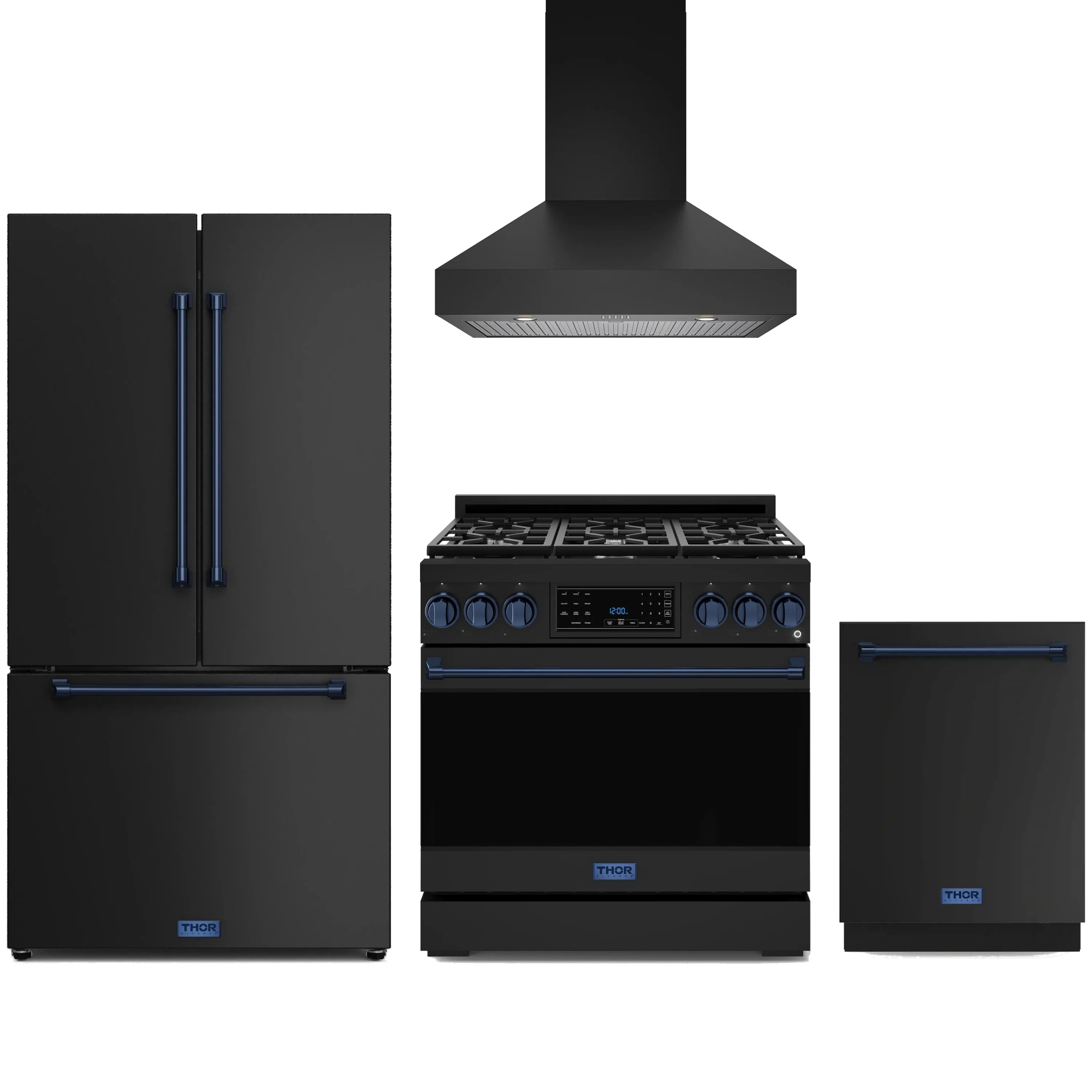 Black 36-inch propane gas range set with blue trim, wall hood, refrigerator and dishwasher
