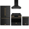 Gordon Ramsay by Thor Kitchen 4-Piece Appliance Package - 36-Inch Natural Gas Range, Counter-Depth Refrigerator, Wall Mount Hood, & Dishwasher in Black with Bronze Trim