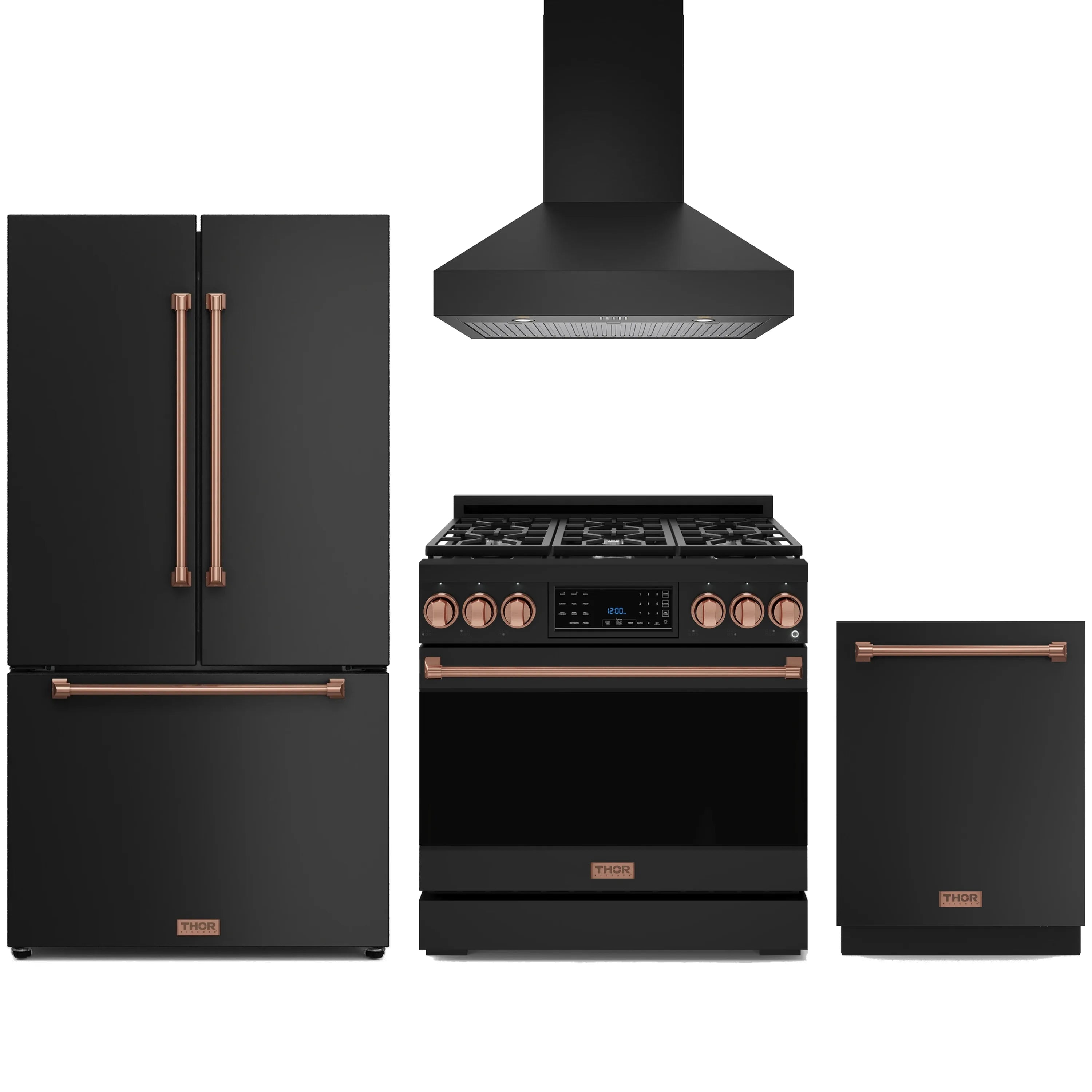Black kitchen appliance package with rose-gold trim: gas range, fridge, dishwasher, hood