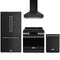 Gordon Ramsay by Thor Kitchen 4-Piece Appliance Package - 36-Inch Natural Gas Range, Counter-Depth Refrigerator, Wall Mount Hood, & Dishwasher in Black with Stainless Steel Trim