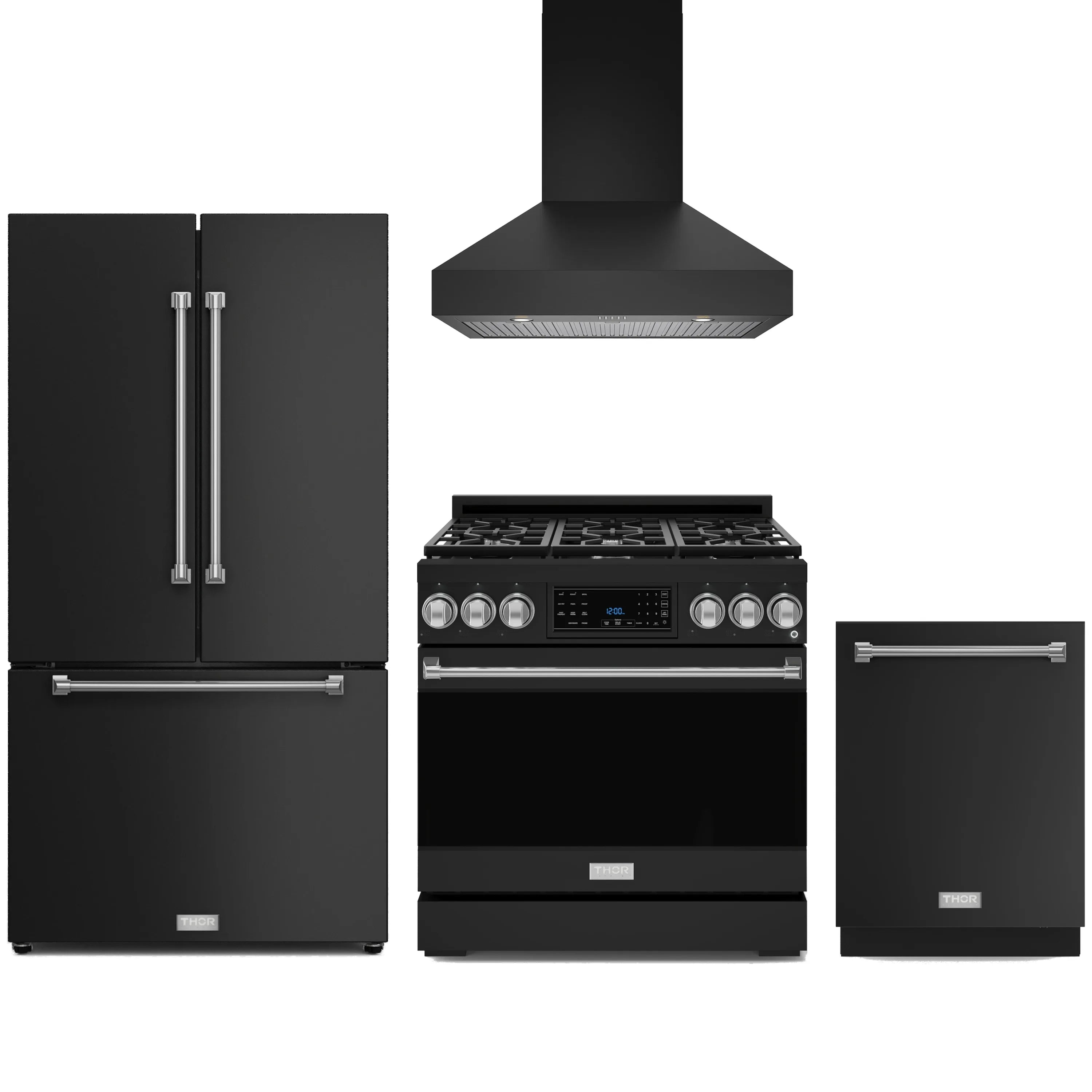 4-piece black kitchen appliance package with stainless trim: range, hood, refrigerator, dishwasher