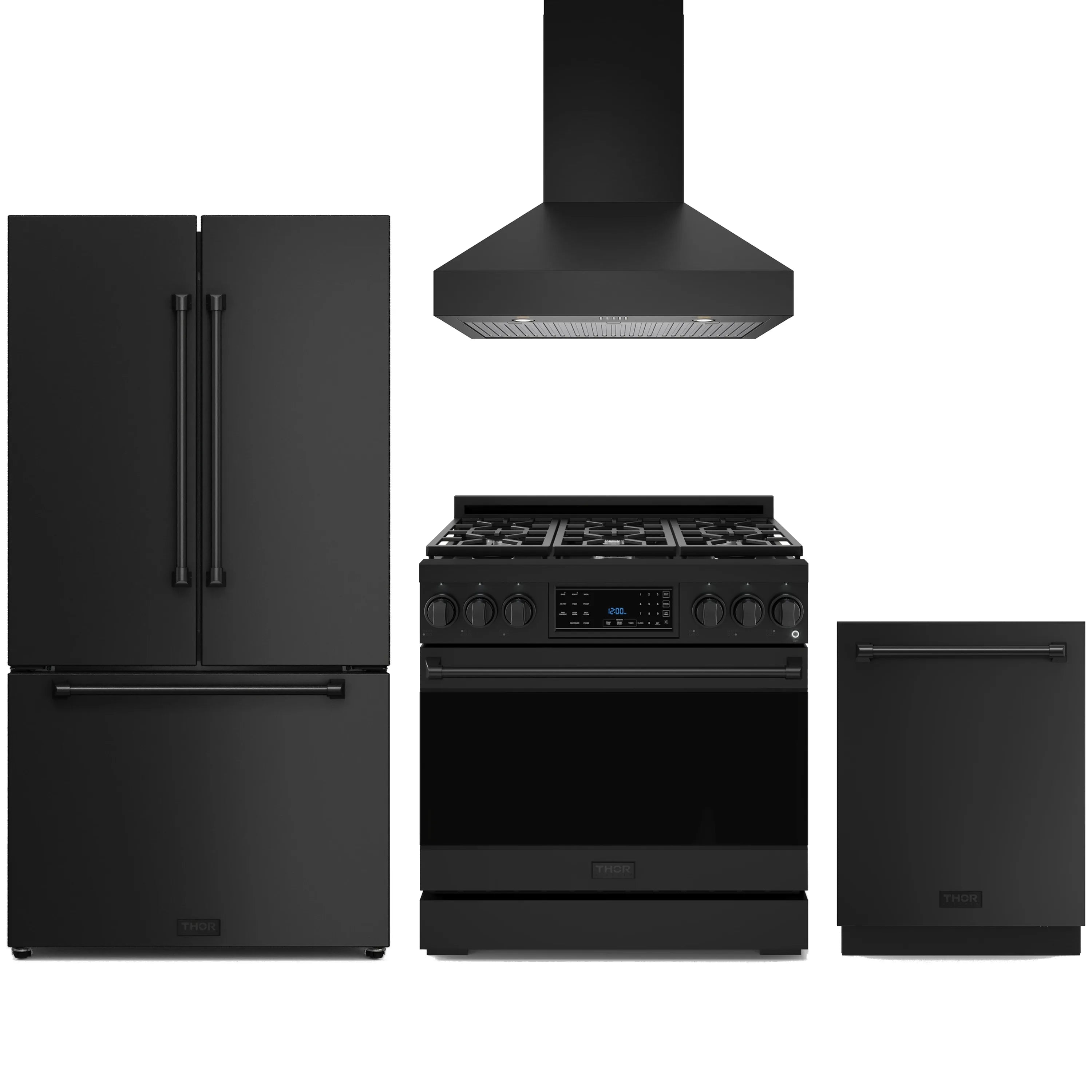 Black 4-piece kitchen appliance package with range, refrigerator, hood, and dishwasher