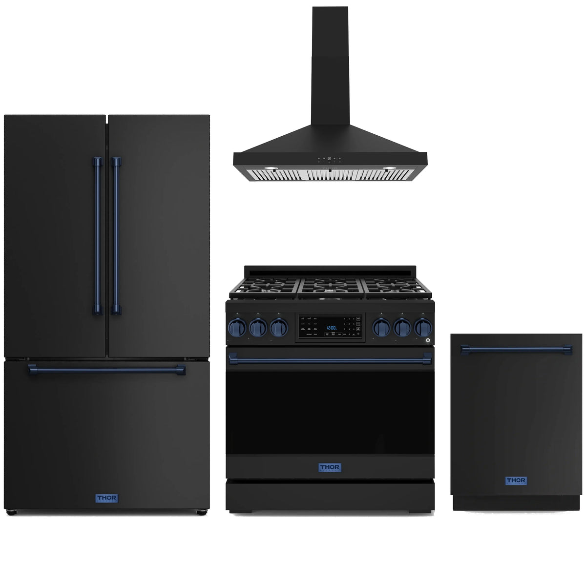 Black 36-inch propane gas range set with blue trim, wall hood, refrigerator and dishwasher