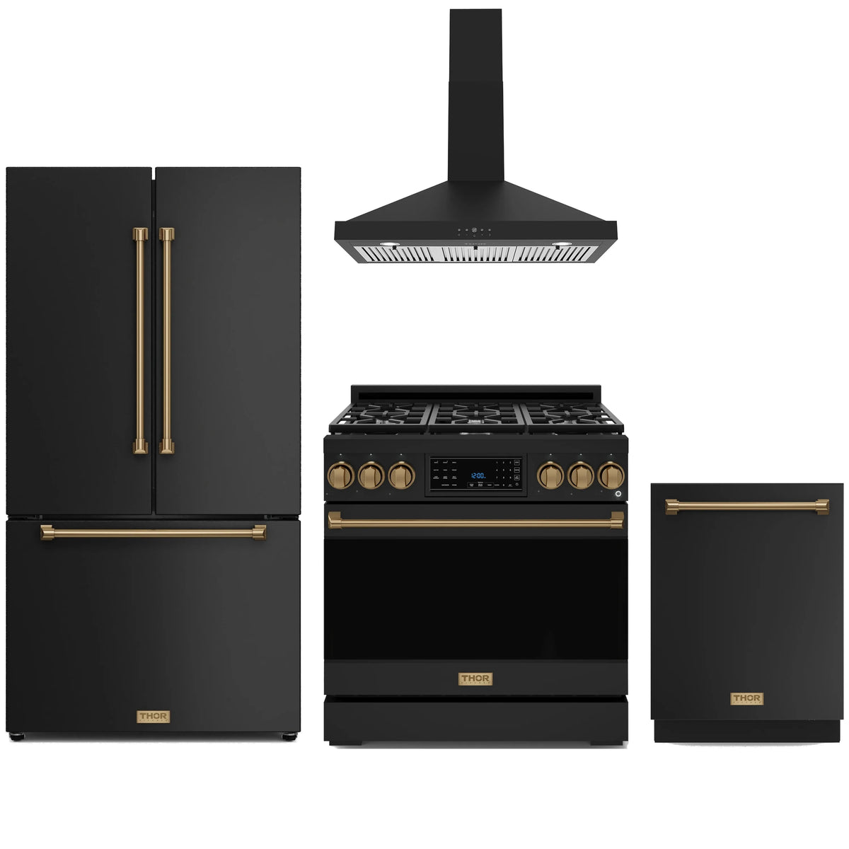 Black kitchen appliance package with bronze-trim range, hood, refrigerator, and dishwasher