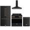 Gordon Ramsay by Thor Kitchen 4-Piece Appliance Package - 36-Inch Propane Gas Range, Counter-Depth Refrigerator, Wall Mount Hood, & Dishwasher in Matte Black with Bronze Trim
