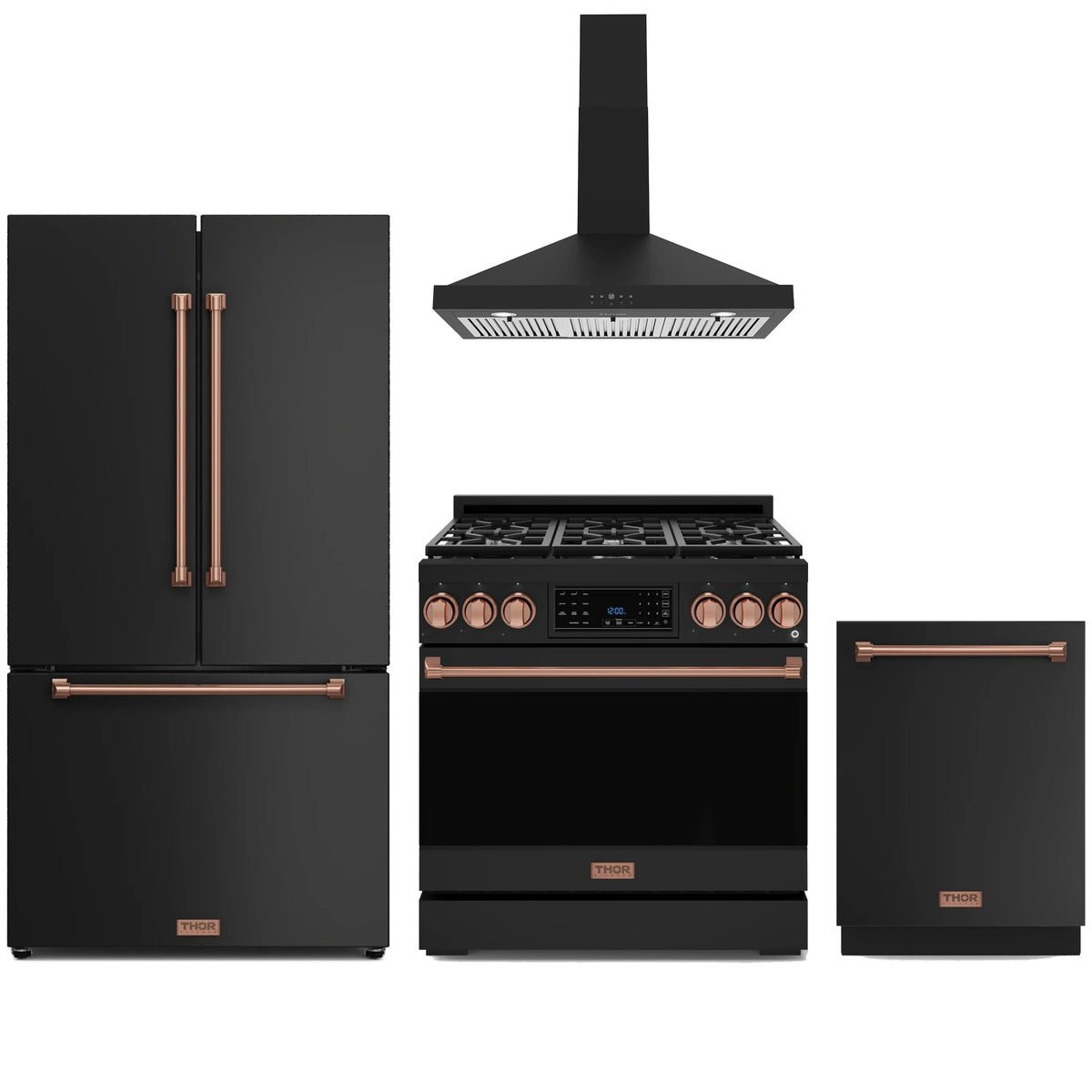Black kitchen appliance package with rose-gold trim: gas range, fridge, dishwasher, hood