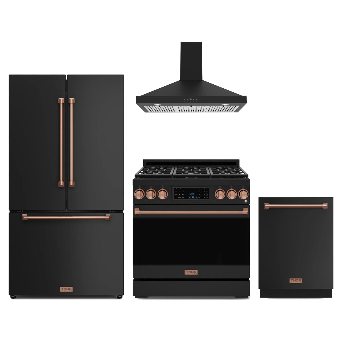 Gordon Ramsay by Thor Kitchen 4-Piece Appliance Package - 36-Inch Propane Gas Range, Counter-Depth Refrigerator, Wall Mount Hood, & Dishwasher in Matte Black with Rose Gold Trim