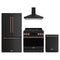 Gordon Ramsay by Thor Kitchen 4-Piece Appliance Package - 36-Inch Propane Gas Range, Counter-Depth Refrigerator, Wall Mount Hood, & Dishwasher in Matte Black with Rose Gold Trim