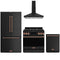 Gordon Ramsay by Thor Kitchen 4-Piece Appliance Package - 36-Inch Propane Gas Range, Counter-Depth Refrigerator, Wall Mount Hood, & Dishwasher in Matte Black with Rose Gold Trim