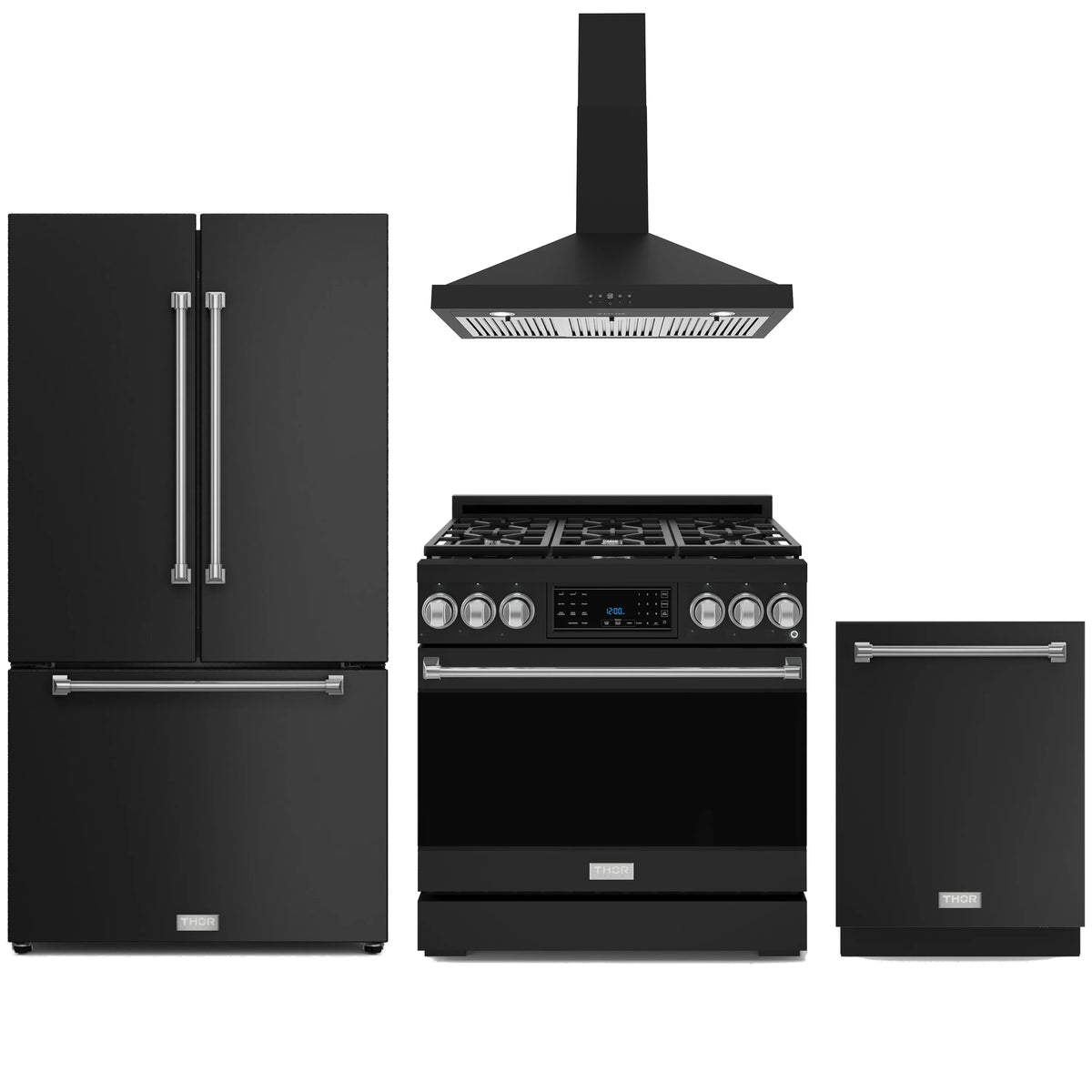 4-piece black kitchen appliance package with stainless trim: range, hood, refrigerator, dishwasher