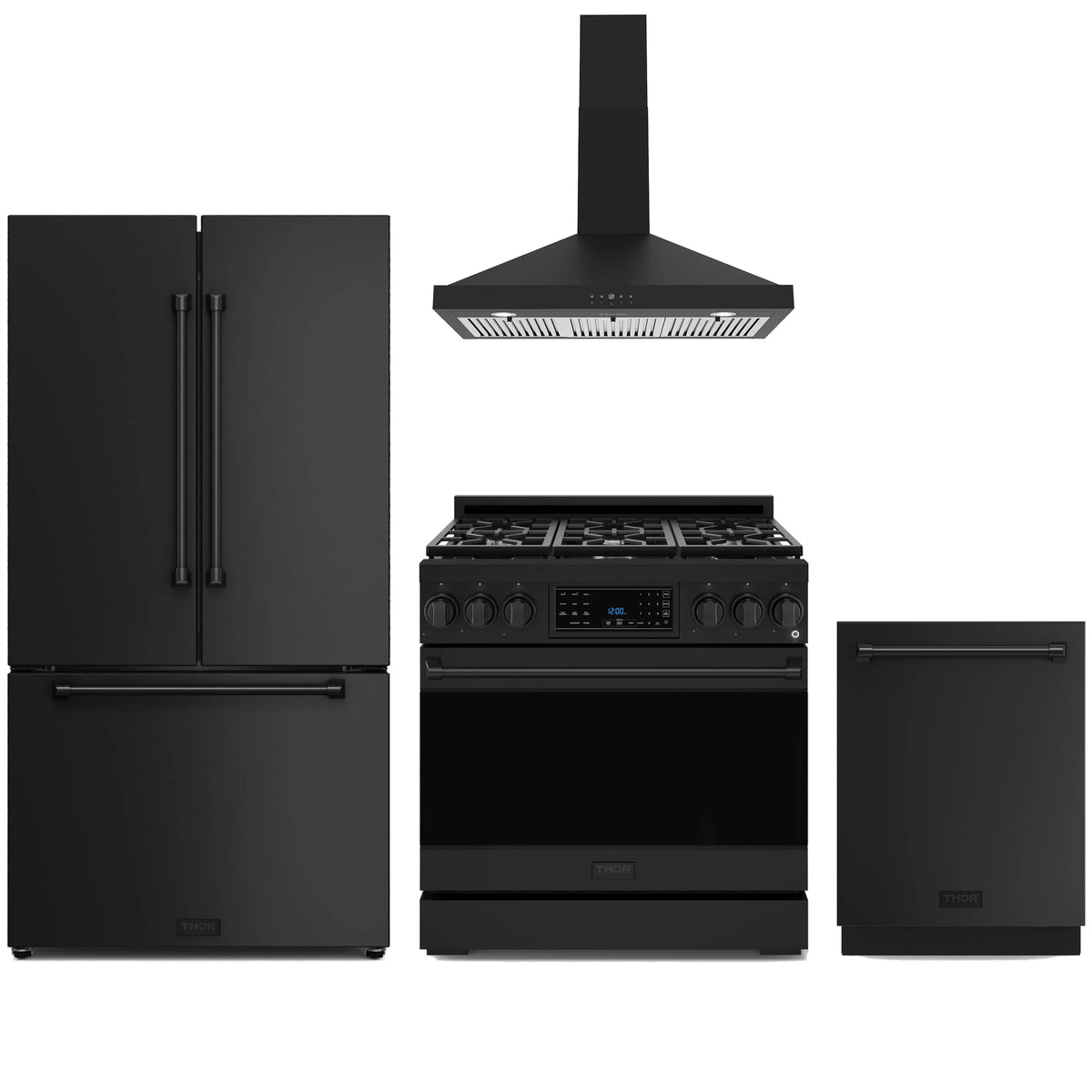 Black 4-piece kitchen appliance package with range, refrigerator, hood, and dishwasher
