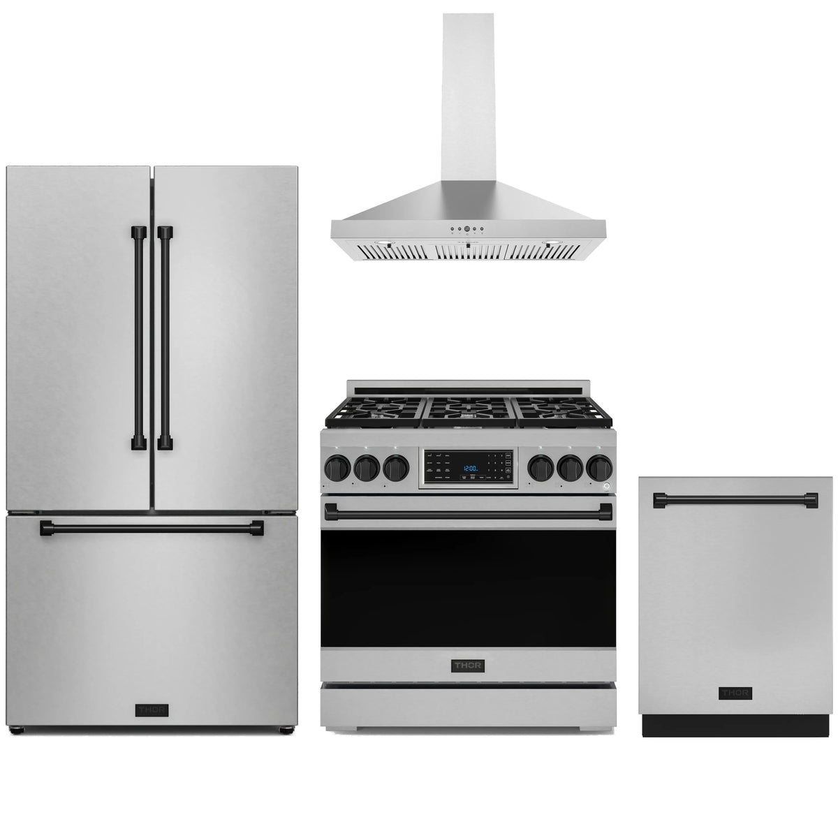 4-piece stainless steel appliance package with black-trim propane range, hood, fridge, dishwasher