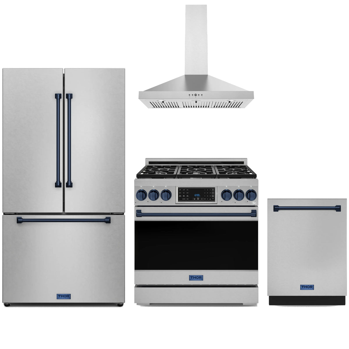 Stainless steel 4-piece kitchen appliance package with blue-trim gas range, hood, fridge, and dishwasher