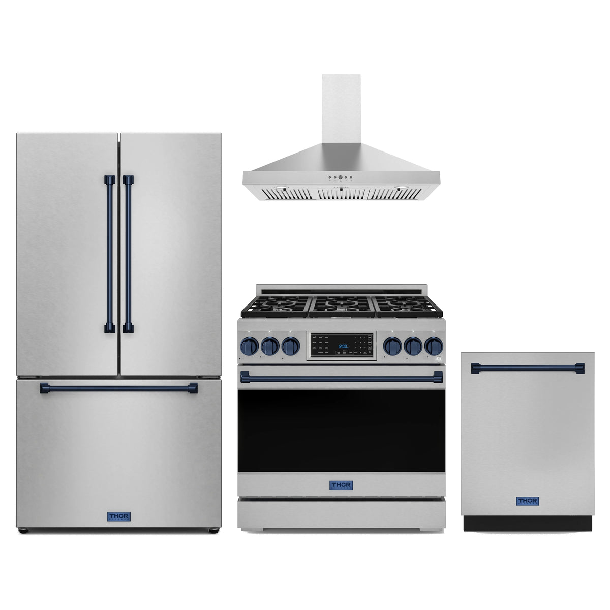 Gordon Ramsay by Thor Kitchen 4-Piece Appliance Package - 36-Inch Propane Gas Range, Counter-Depth Refrigerator, Wall Mount Hood, & Dishwasher in Stainless Steel with Blue Trim
