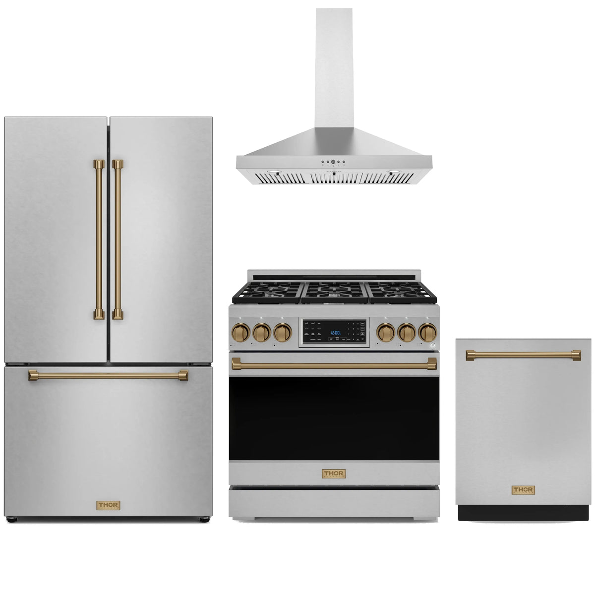 Stainless appliance package with propane range, wall hood, counter-depth refrigerator, and dishwasher