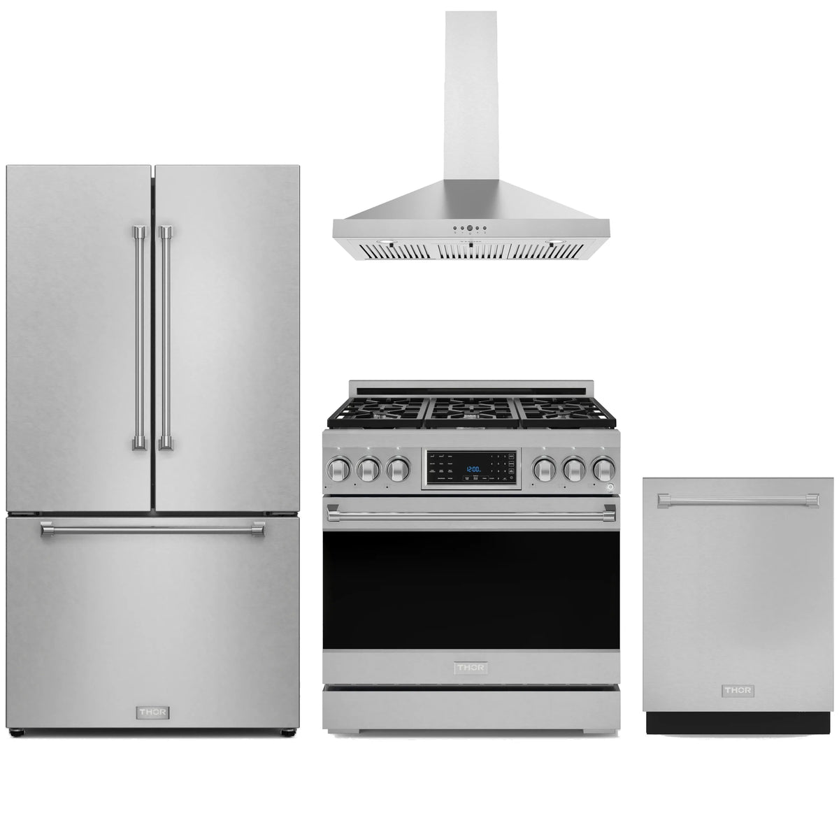 Stainless steel appliance package with gas range, counter-depth refrigerator, hood, and dishwasher