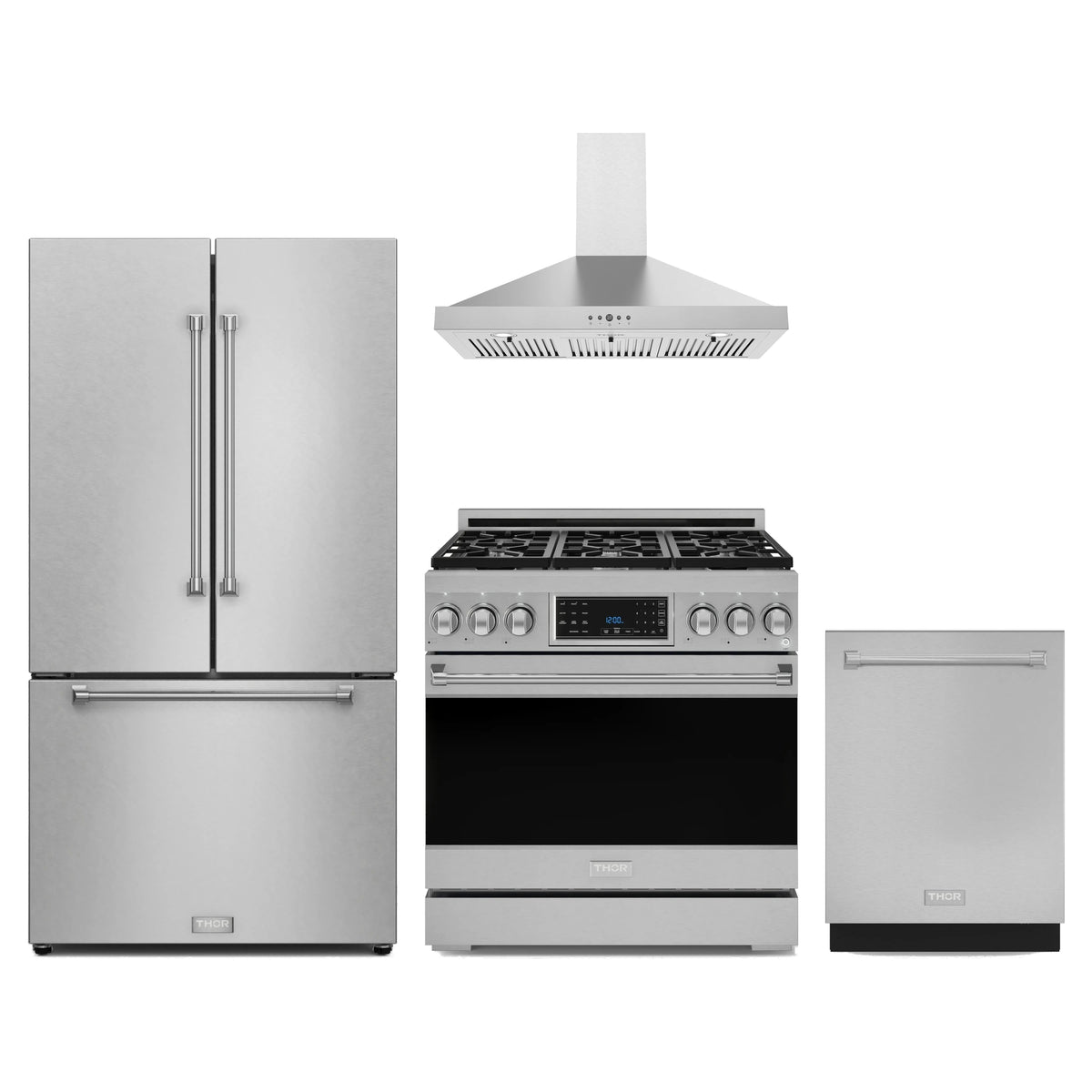 Gordon Ramsay by Thor Kitchen 4-Piece Appliance Package - 36-Inch Propane Gas Range, Counter-Depth Refrigerator, Wall Mount Hood, & Dishwasher in Stainless Steel