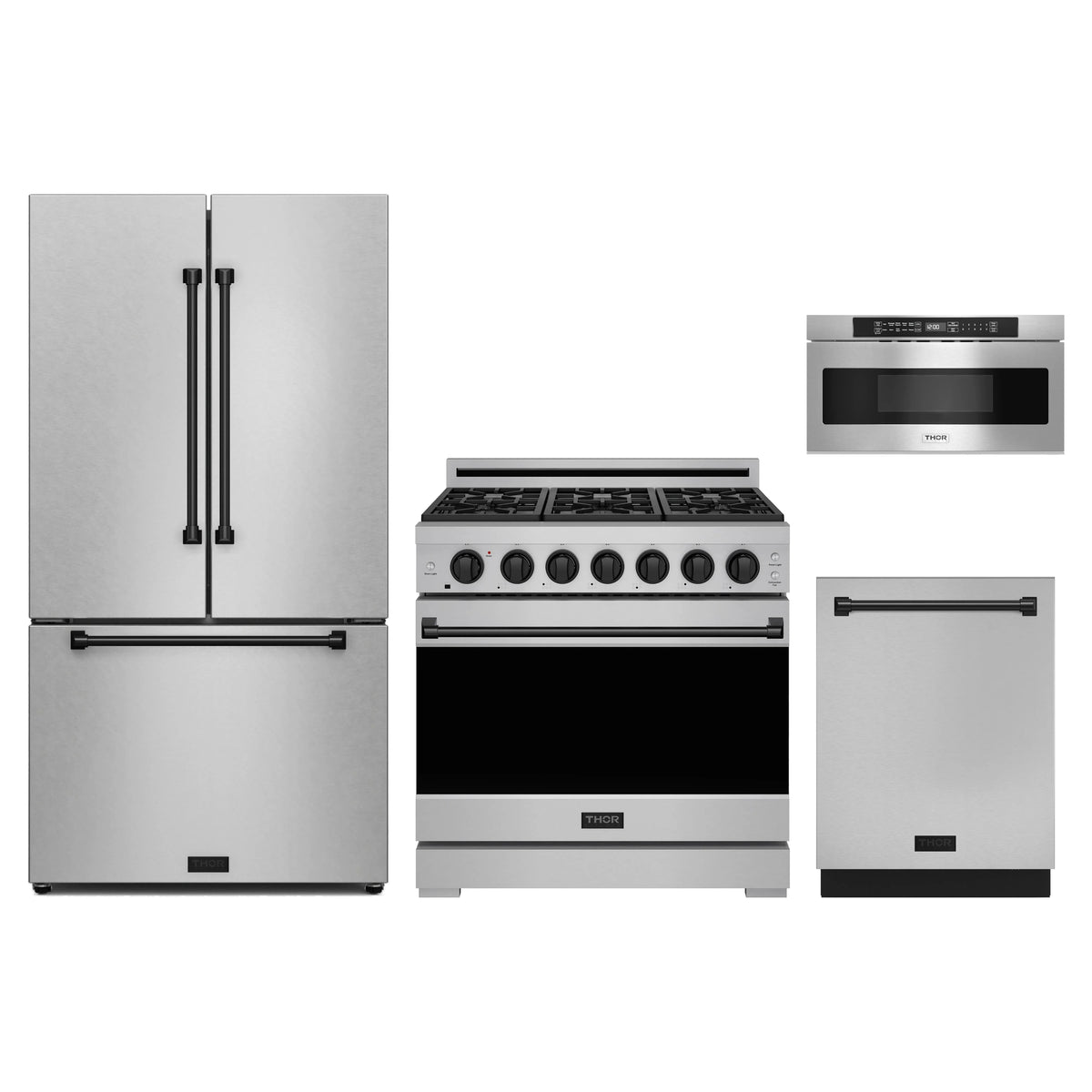 Gordon Ramsay by Thor Kitchen 4-Piece Appliance Package - 36-Inch Natural Gas Range, Counter-Depth Refrigerator, Dishwasher, & Microwave Drawer in Stainless Steel with Black Trim