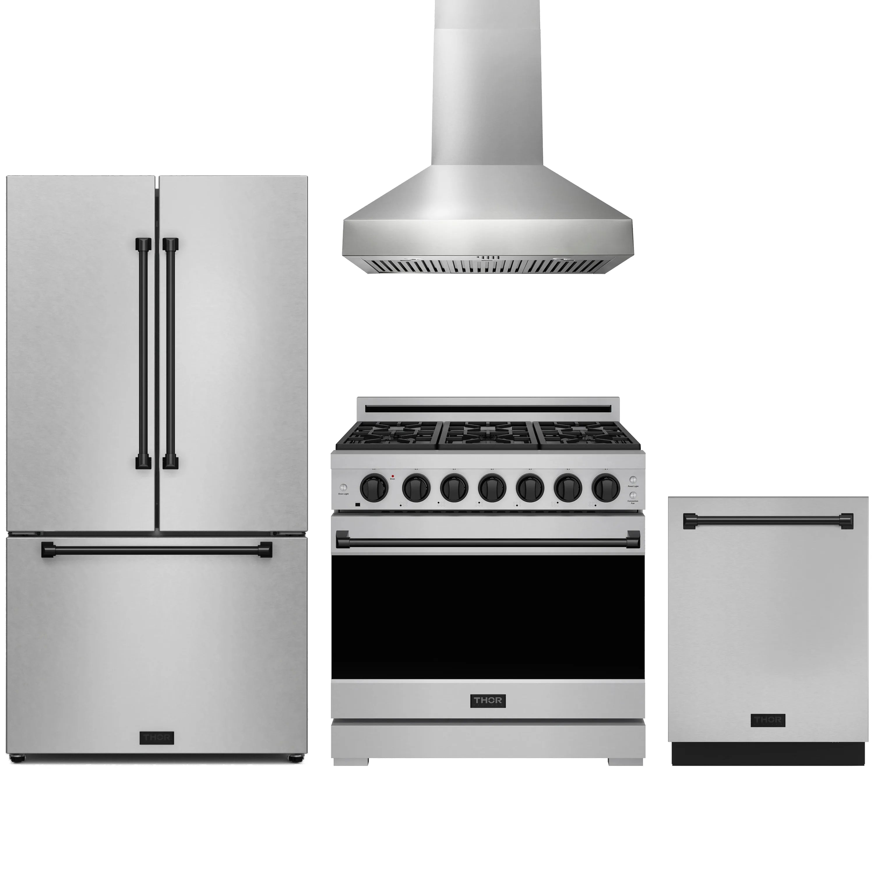 Stainless steel appliance package with range, wall hood, refrigerator, and dishwasher