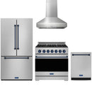 Stainless steel Thor Kitchen appliance package with 36-inch range, range hood, counter-depth refrigerator, dishwasher