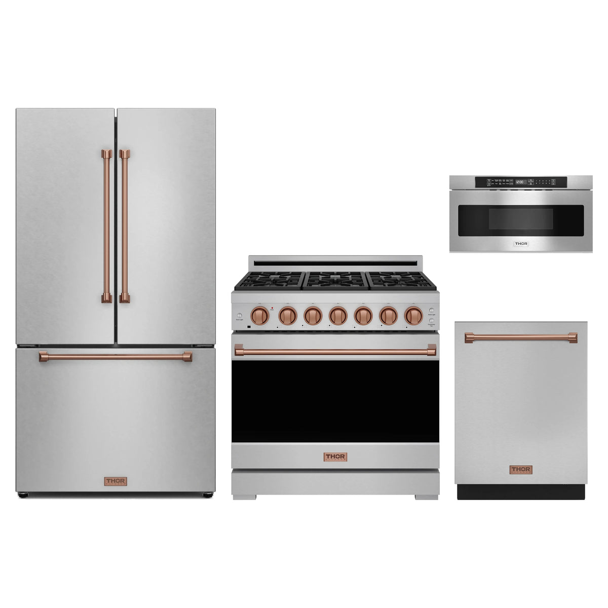 Gordon Ramsay by Thor Kitchen 4-Piece Appliance Package - 36-Inch Natural Gas Range, Counter-Depth Refrigerator, Dishwasher, & Microwave Drawer in Stainless Steel with Rose Gold Trim