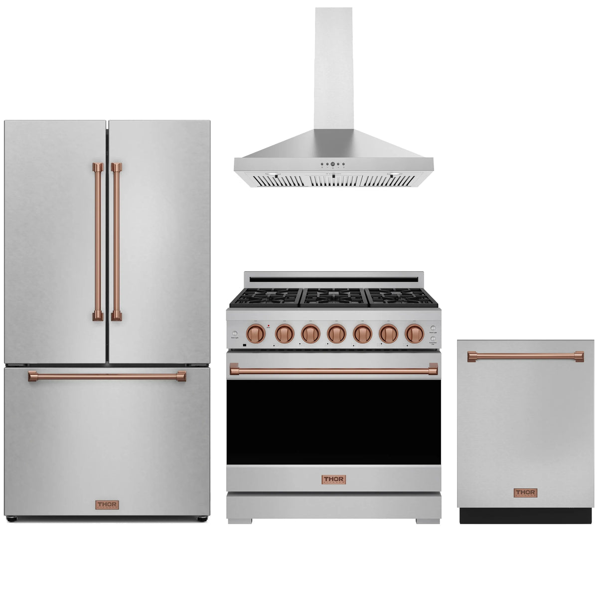 Stainless steel appliance package with refrigerator, gas range, wall hood, and dishwasher