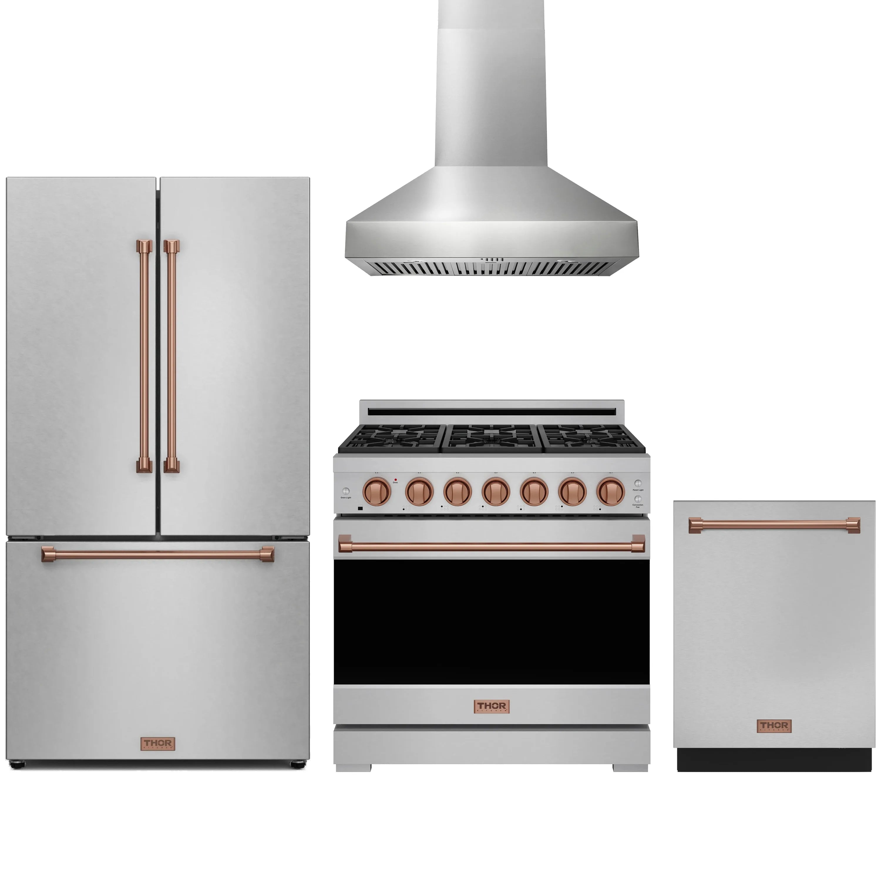 Stainless steel appliance package: wall hood, propane range, refrigerator, dishwasher