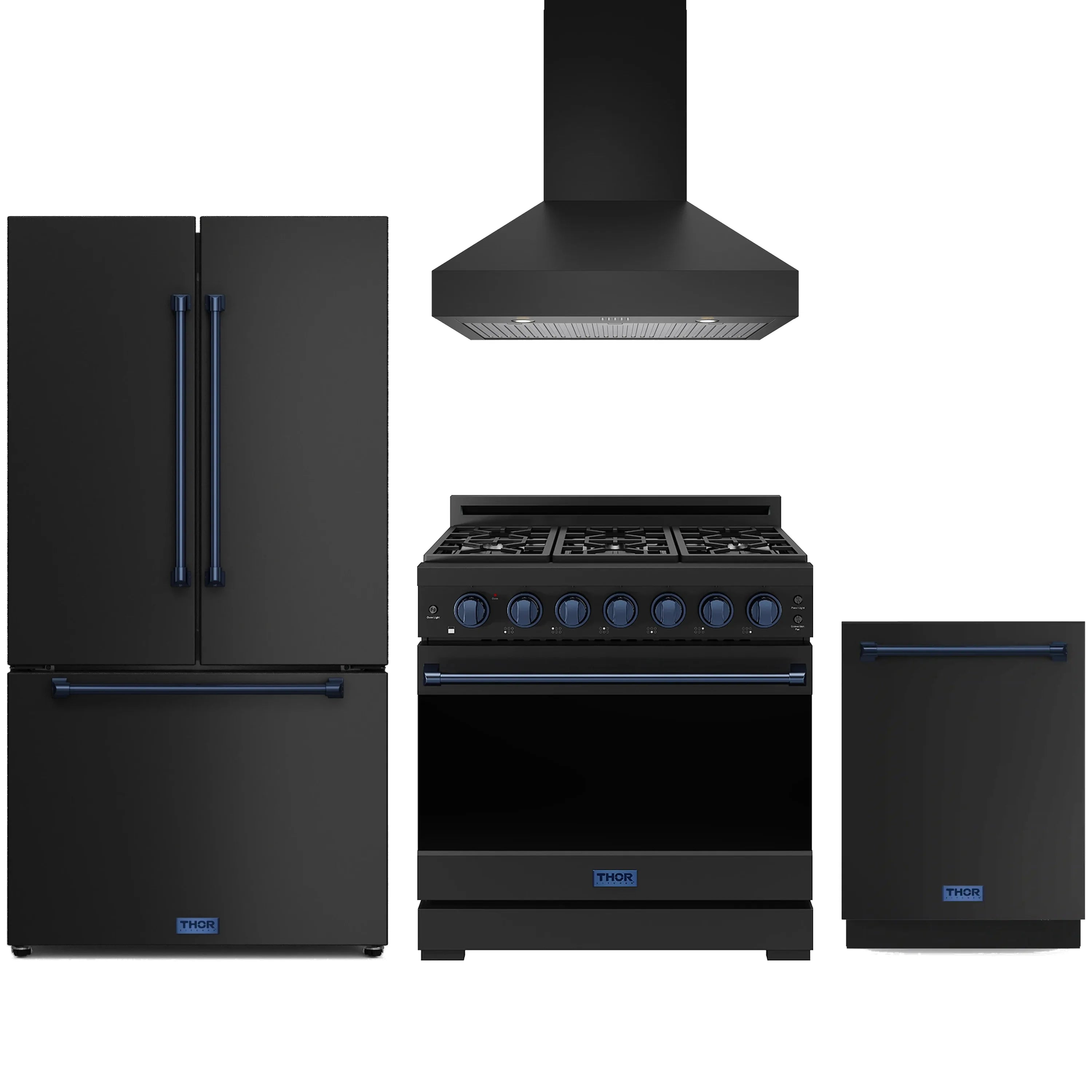 Black 36-inch gas range with blue control knobs and burner grates