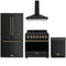 Gordon Ramsay by Thor Kitchen 4-Piece Appliance Package - 36-Inch Natural Gas Range, Counter-Depth Refrigerator, Wall Mount Hood, & Dishwasher in Matte Black with Bronze Trim