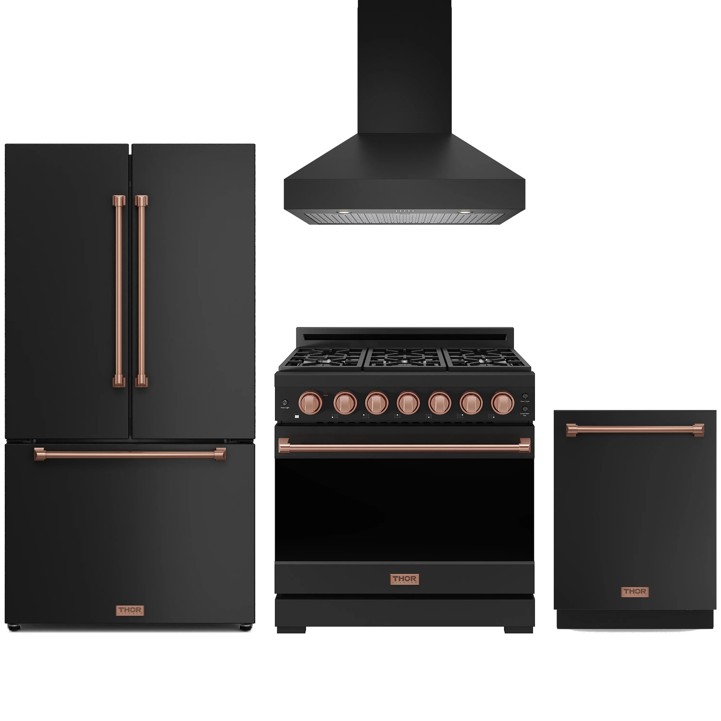 Black kitchen appliance package with rose gold trim: range, refrigerator, hood, dishwasher