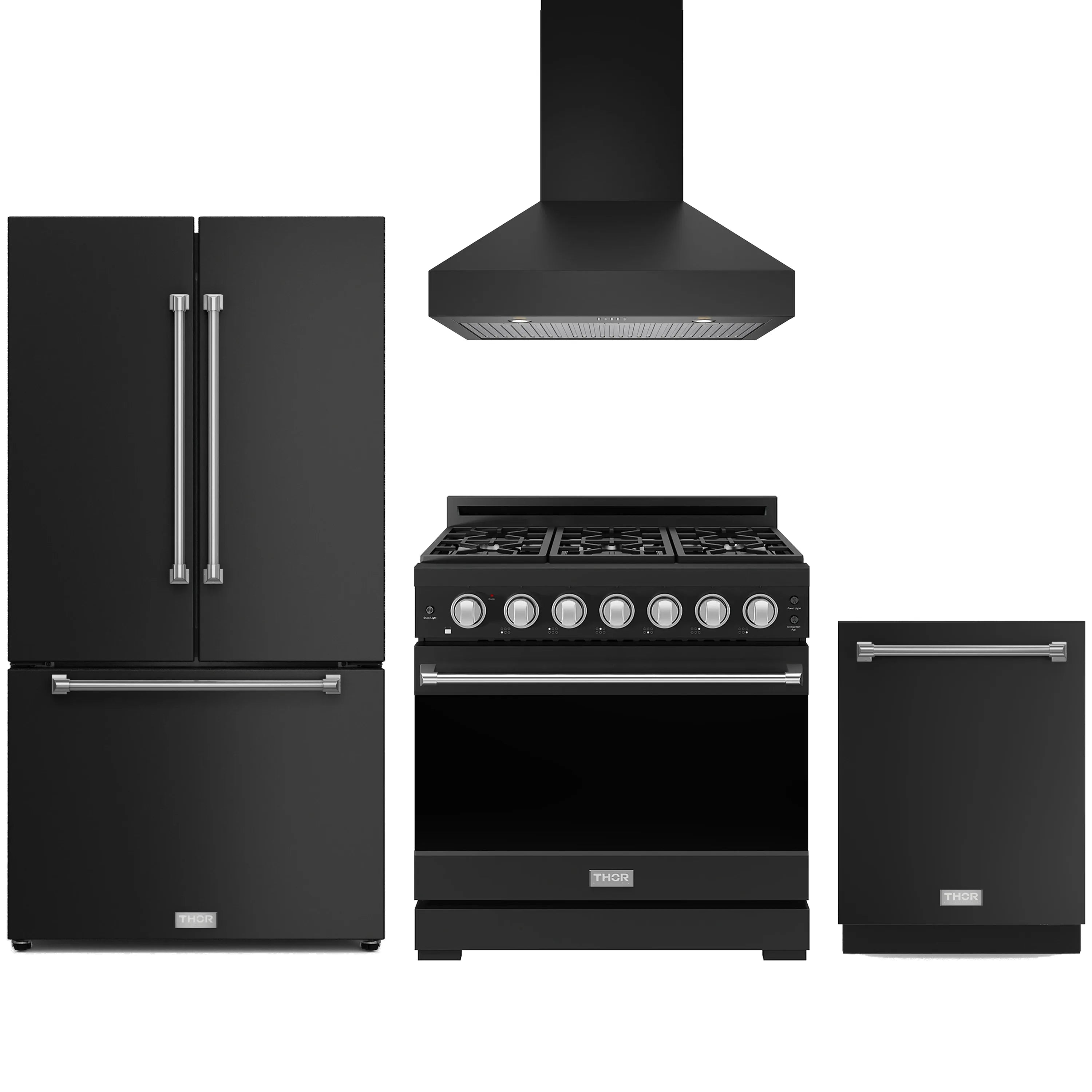 Black 4-piece appliance package: gas range, refrigerator, wall hood, dishwasher, stainless trim