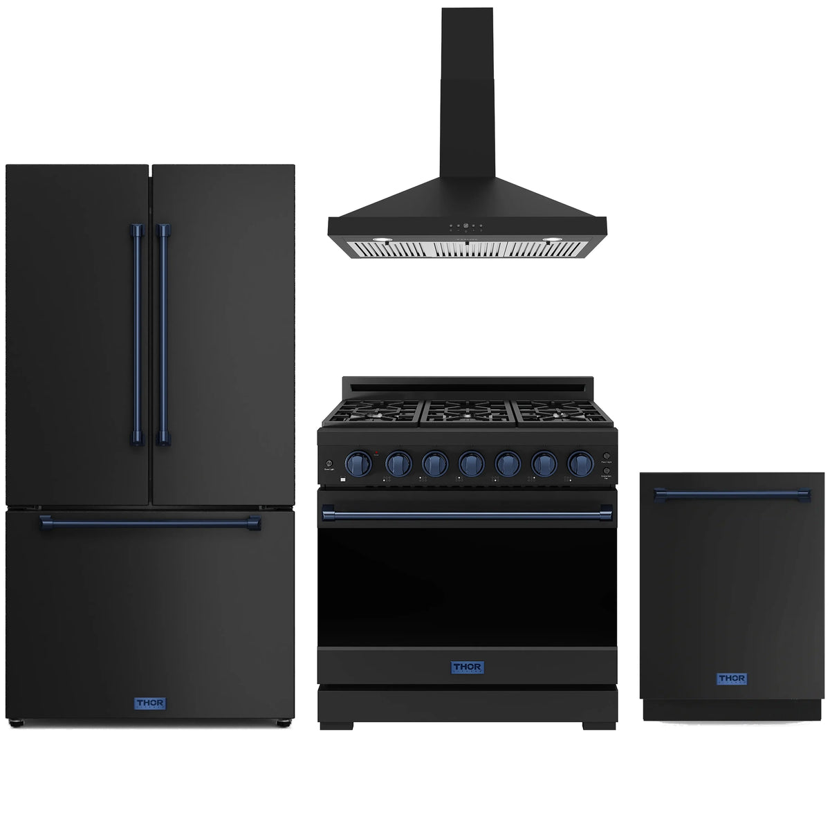 Black 36-inch gas range with blue control knobs and burner grates