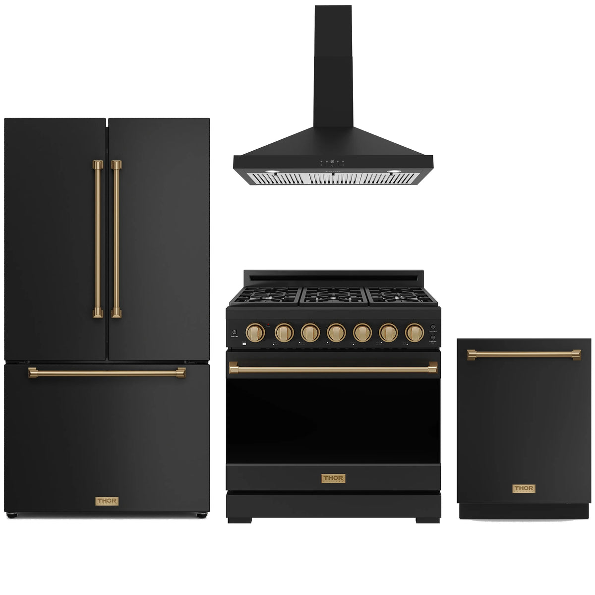 Black kitchen appliance package with bronze-trim range, hood, refrigerator and dishwasher