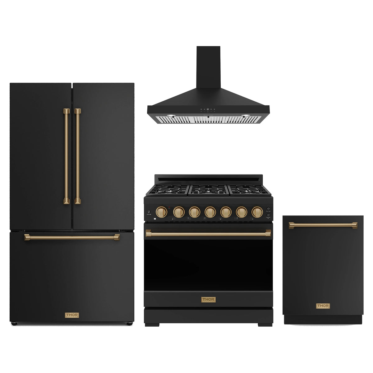 Gordon Ramsay by Thor Kitchen 4-Piece Appliance Package - 36-Inch Propane Gas Range, Counter-Depth Refrigerator, Wall Mount Hood, & Dishwasher in Matte Black with Bronze Trim