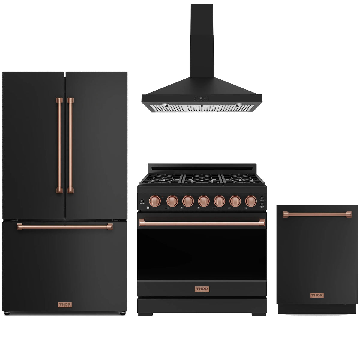 Black kitchen appliance package with rose gold trim: range, refrigerator, hood, dishwasher