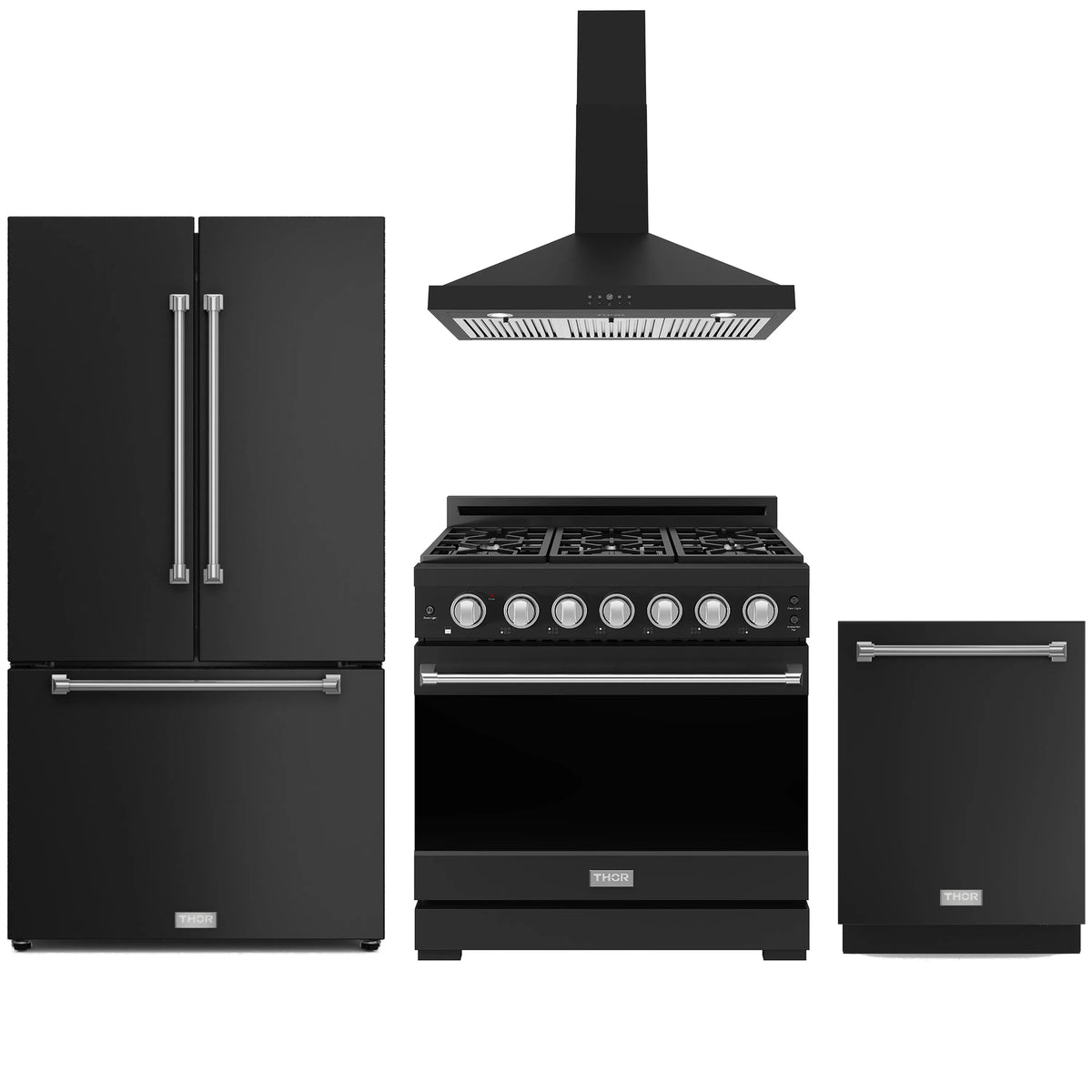 Black kitchen appliance package set with gas range, refrigerator, dishwasher, and wall hood