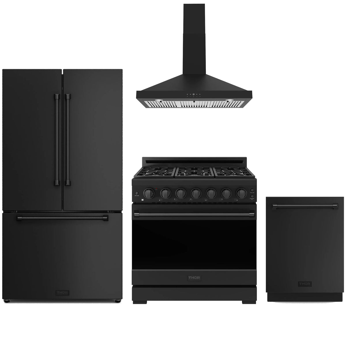Black kitchen appliance package with gas range, refrigerator, wall hood, and dishwasher