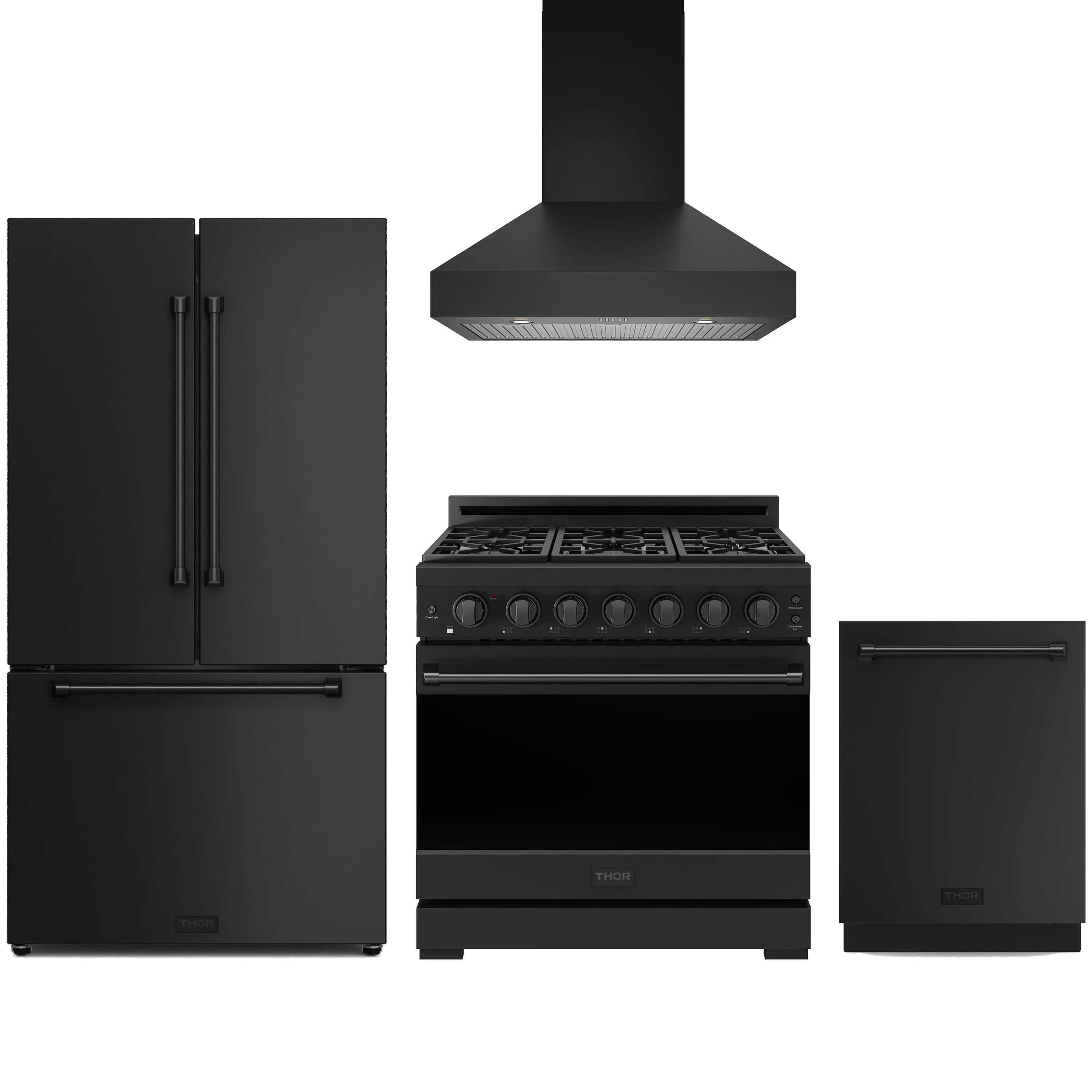 Black kitchen appliance package with gas range, refrigerator, wall hood, and dishwasher