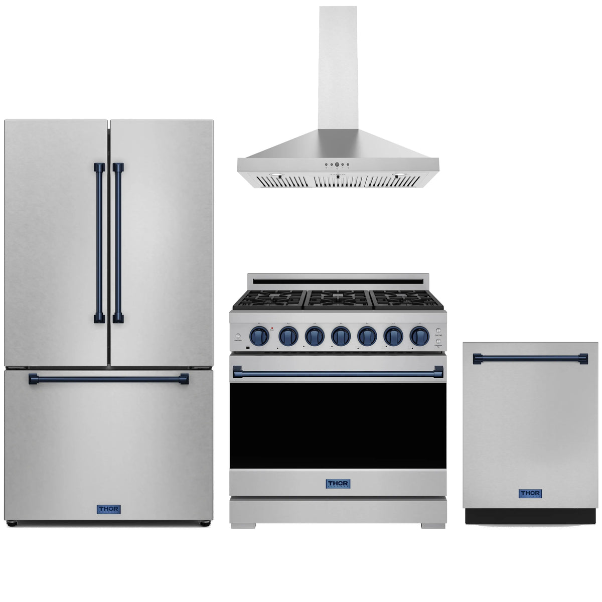 Stainless steel appliance package with blue-trim range, hood, refrigerator, and dishwasher.