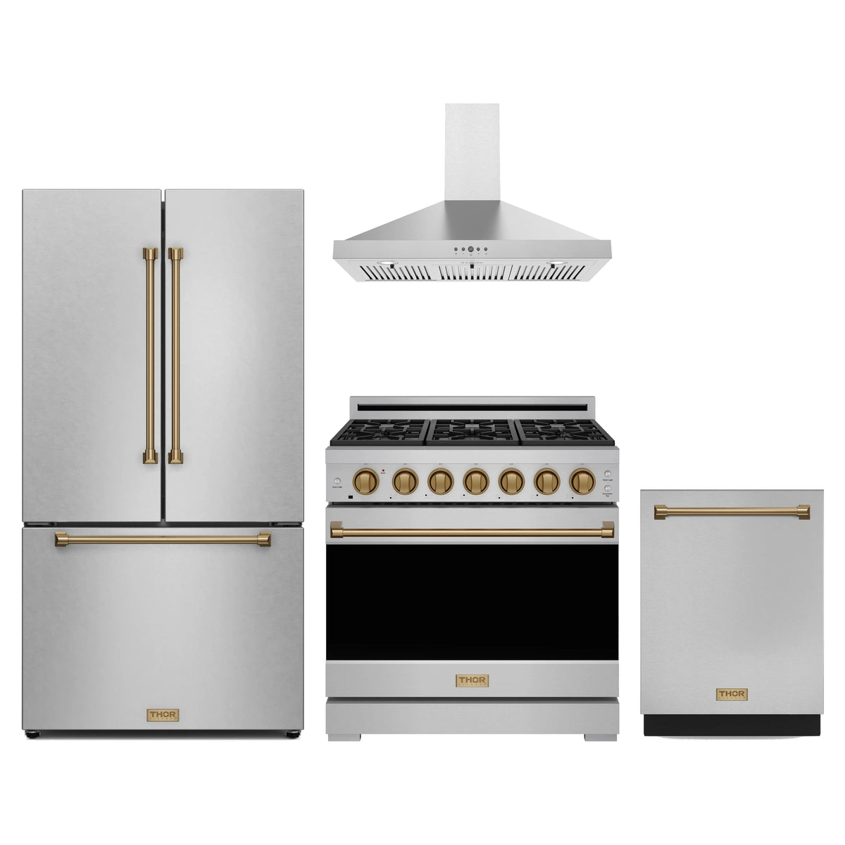 Gordon Ramsay by Thor Kitchen 4-Piece Appliance Package - 36-Inch Propane Gas Range, Counter-Depth Refrigerator, Wall Mount Hood, & Dishwasher in Stainless Steel with Bronze Trim