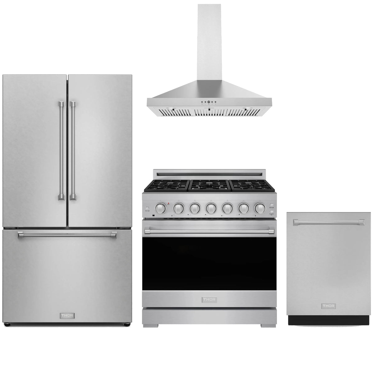Stainless steel appliance package with refrigerator, gas range, hood, and dishwasher