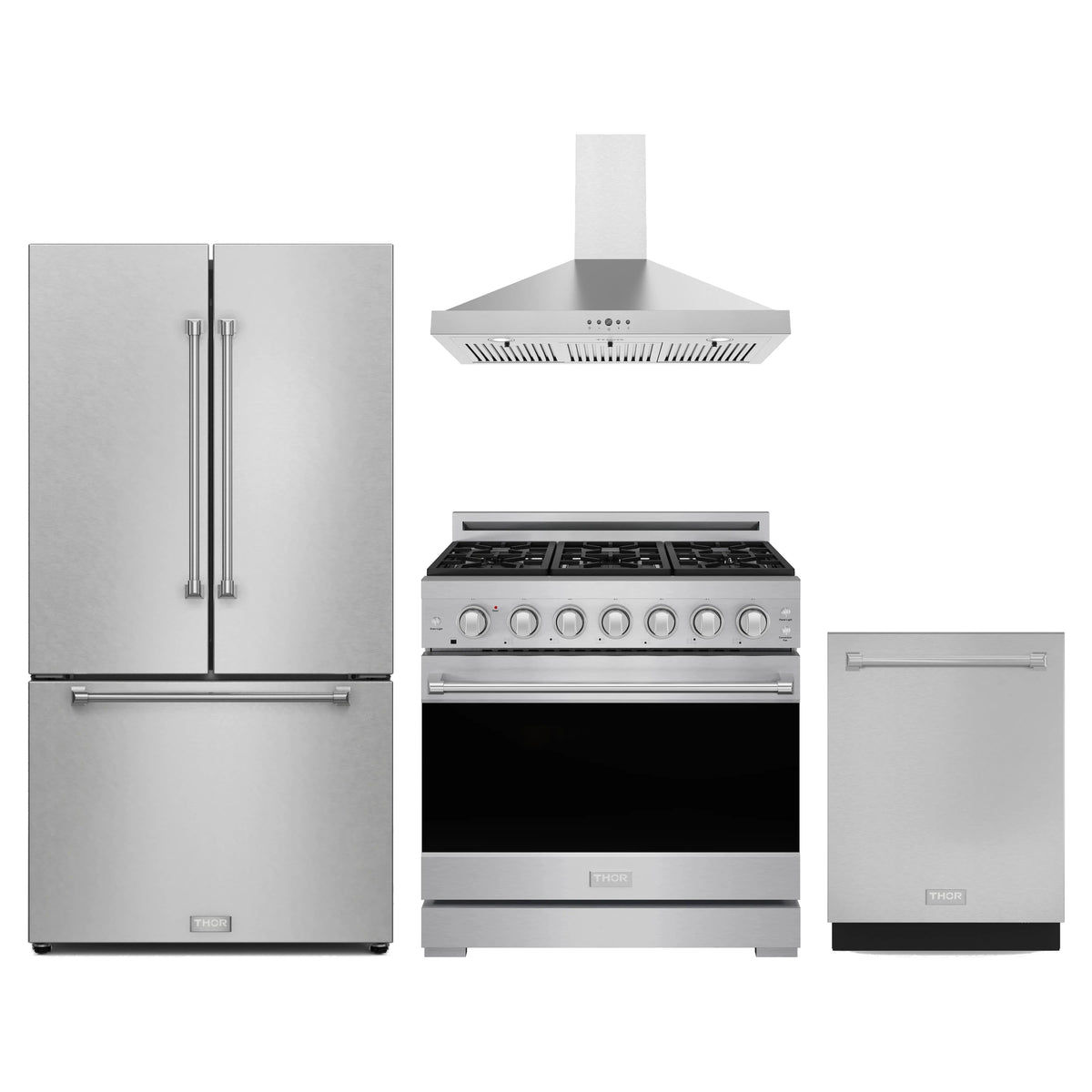 Gordon Ramsay by Thor Kitchen 4-Piece Appliance Package - 36-Inch Propane Gas Range, Counter-Depth Refrigerator, Wall Mount Hood, & Dishwasher in Stainless Steel
