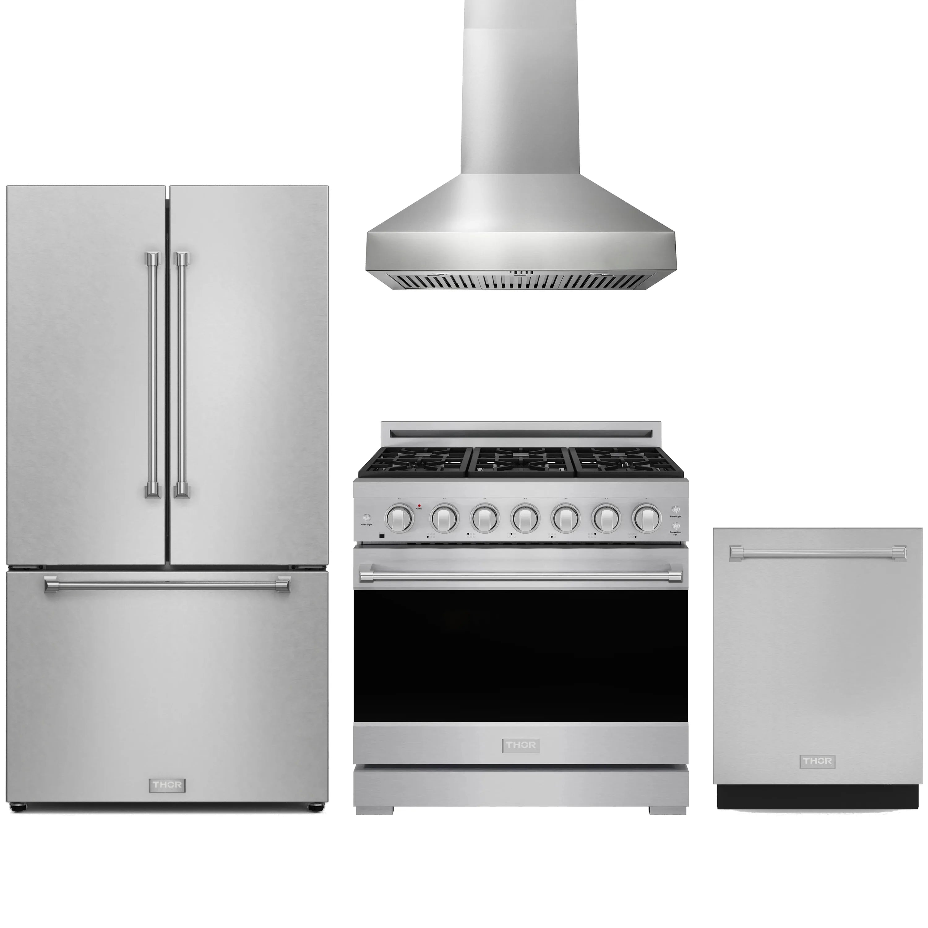Stainless steel appliance package with refrigerator, gas range, hood, and dishwasher